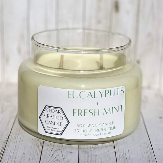 Hand-poured, nontoxic soy candle scented in Eucalyptus Fresh Mint