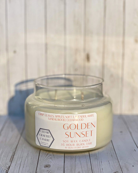 Hand-poured, nontoxic soy candle scented in Golden Sunset