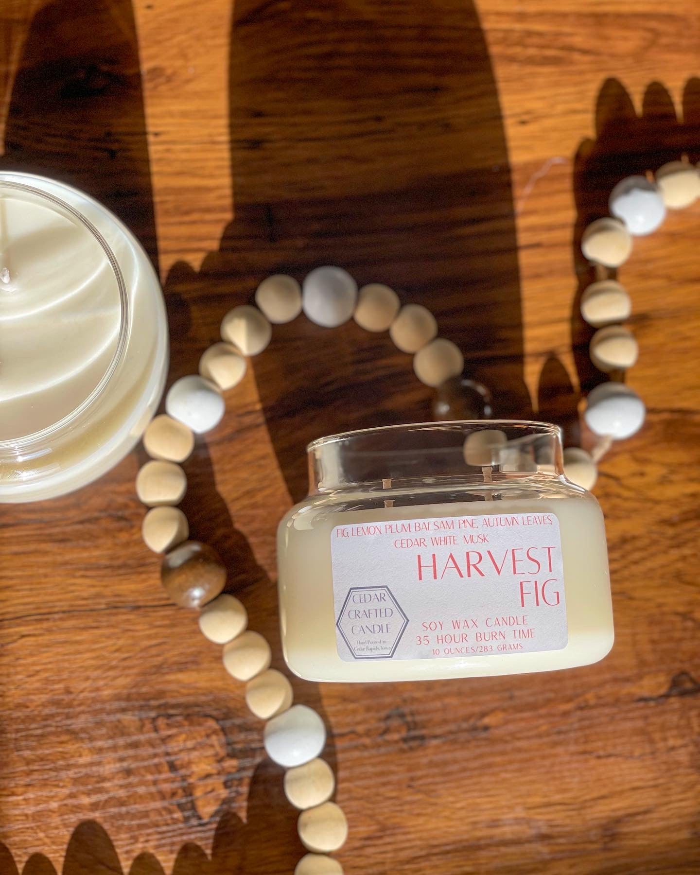 Hand-poured, nontoxic soy candle scented in Harvest Fig