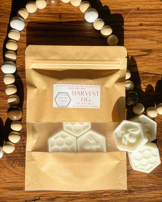 Hand-poured, nontoxic soy wax melts scented in Harvest Fig