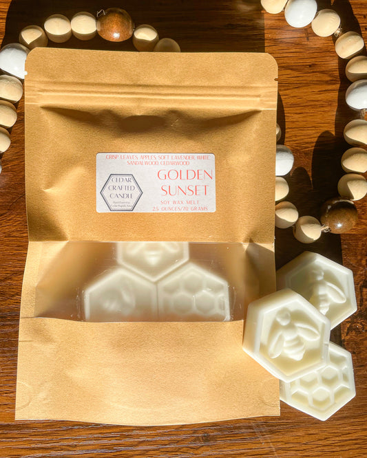 Hand-poured, nontoxic soy wax melts scented in Golden Sunset