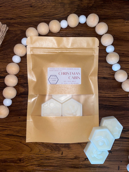 Hand-poured, nontoxic soy wax melts scented in Christmas Cabin