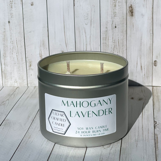 Hand-poured, nontoxic soy candle scented in Mahogany Lavender