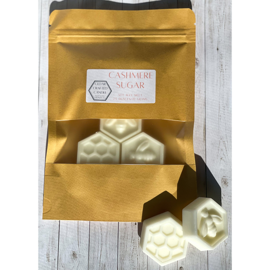 Hand-poured, nontoxic soy wax melts scented in Cashmere Sugar