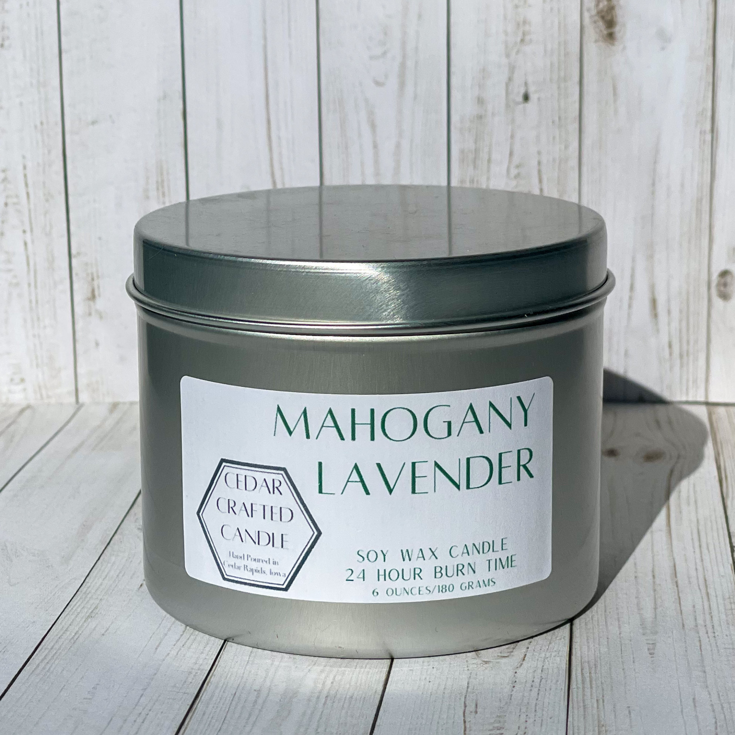 Hand-poured, nontoxic soy candle scented in Mahogany Lavender