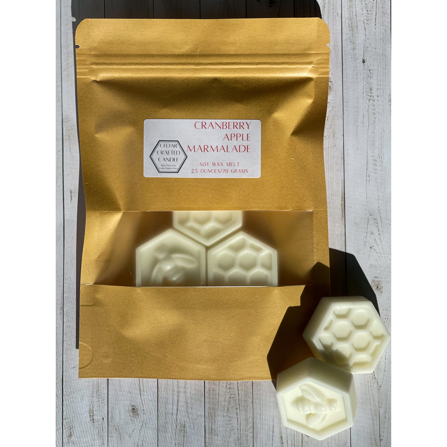 Hand-poured, nontoxic soy wax melts scented in Cranberry Apple Marmalade