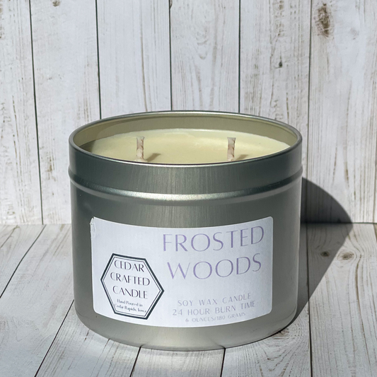 Hand-poured, nontoxic soy candle scented in Frosted Woods