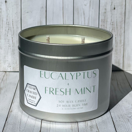 Hand-poured, nontoxic soy candle scented in Eucalyptus Fresh Mint