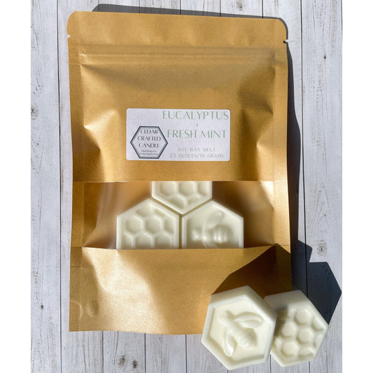 Hand-poured, nontoxic soy wax melts scented in Eucalyptus Fresh Mint