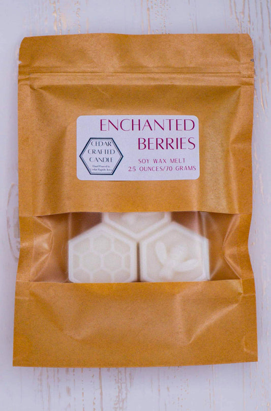 Hand-poured, nontoxic soy wax melts scented in Enchanted Berries