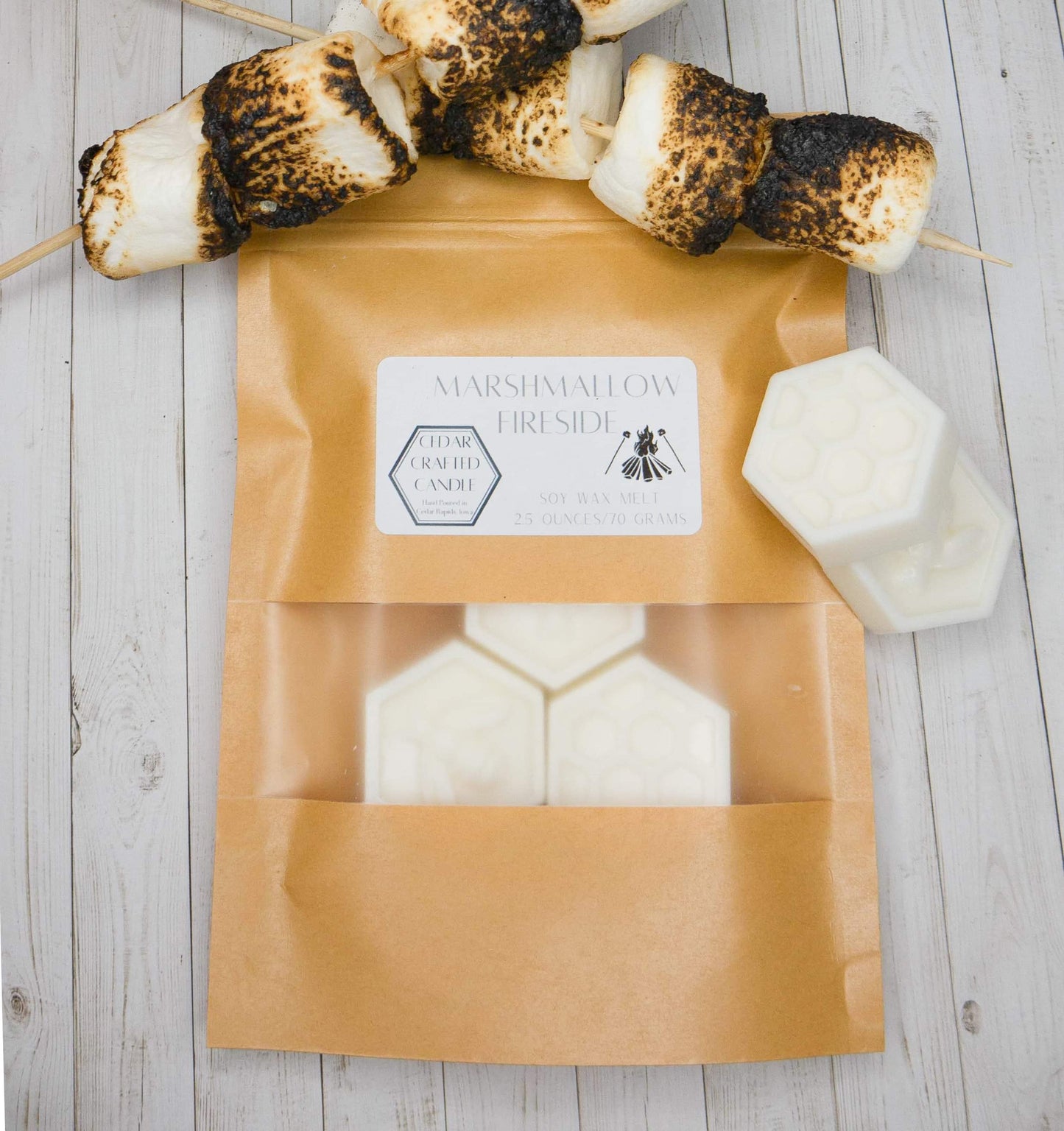 Hand-poured, nontoxic soy wax melts scented in Marshmallow Fireside