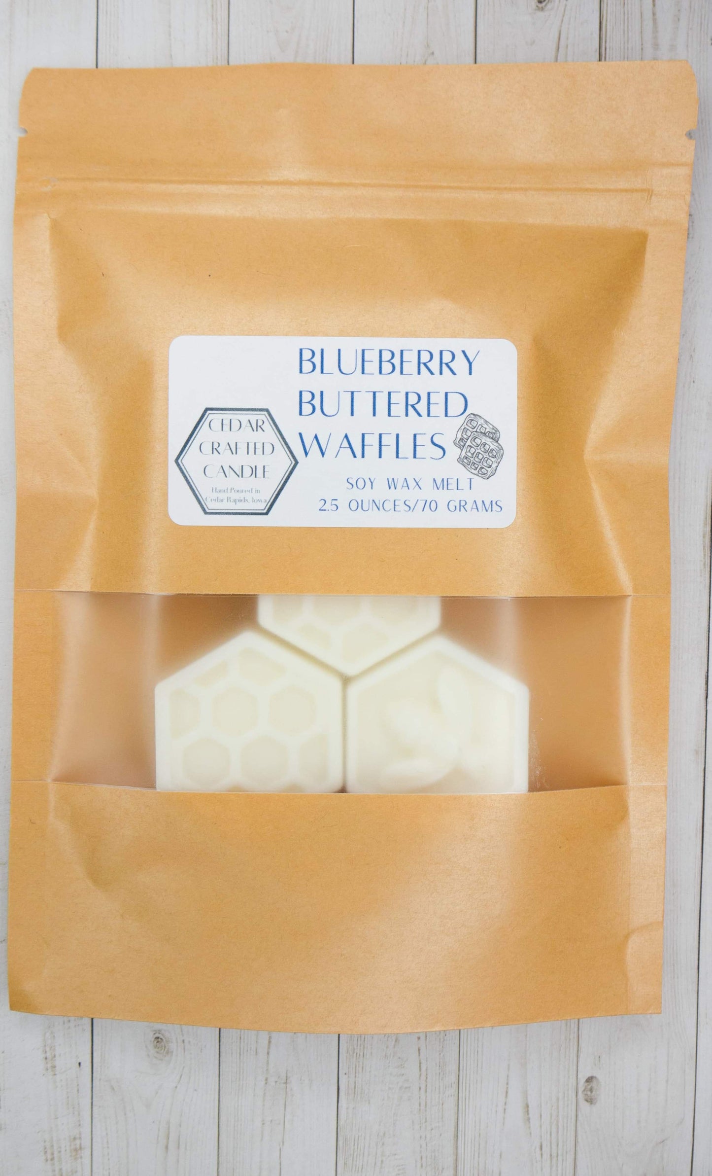 Nontoxic soy wax melts scented in Blueberry Buttered Waffles