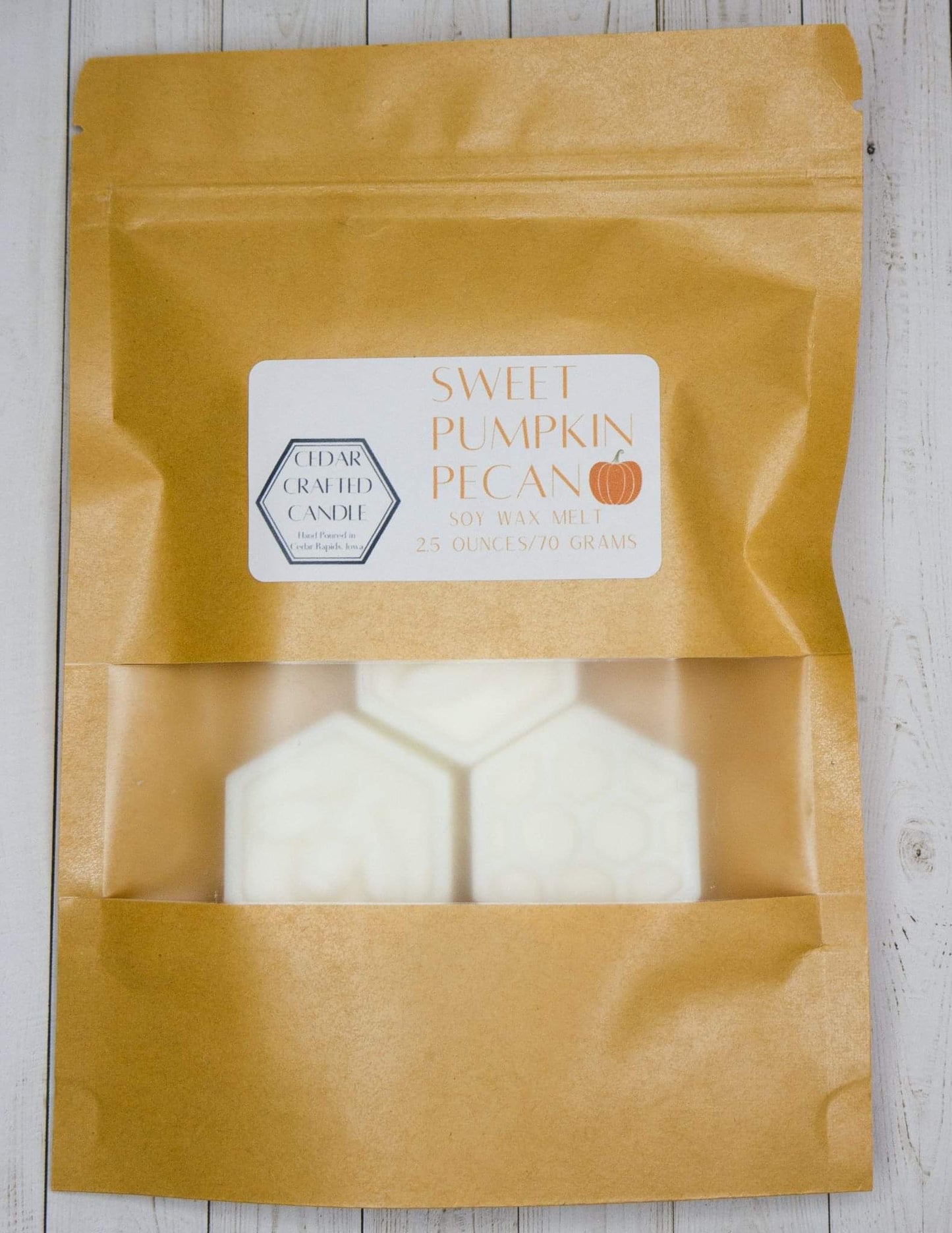 Hand-poured, nontoxic soy wax melts scented in Sweet Pumpkin Pecan