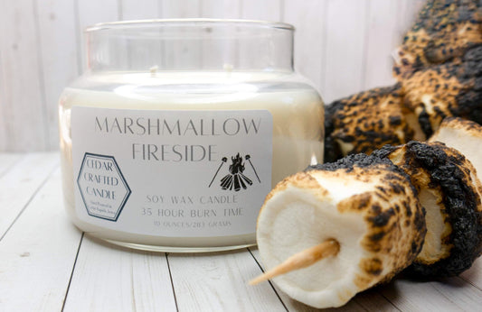 Hand-poured, nontoxic soy candle scented in Marshmallow Fireside