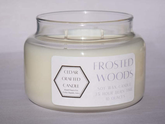 Hand-poured, nontoxic soy candle scented in Frosted Woods