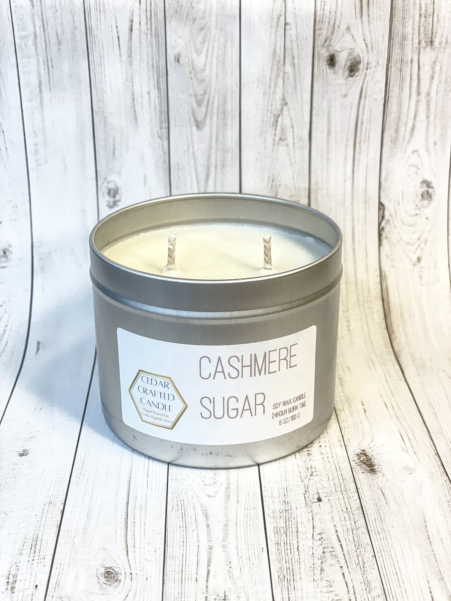 Hand-poured, nontoxic soy candle scented in Cashmere Sugar