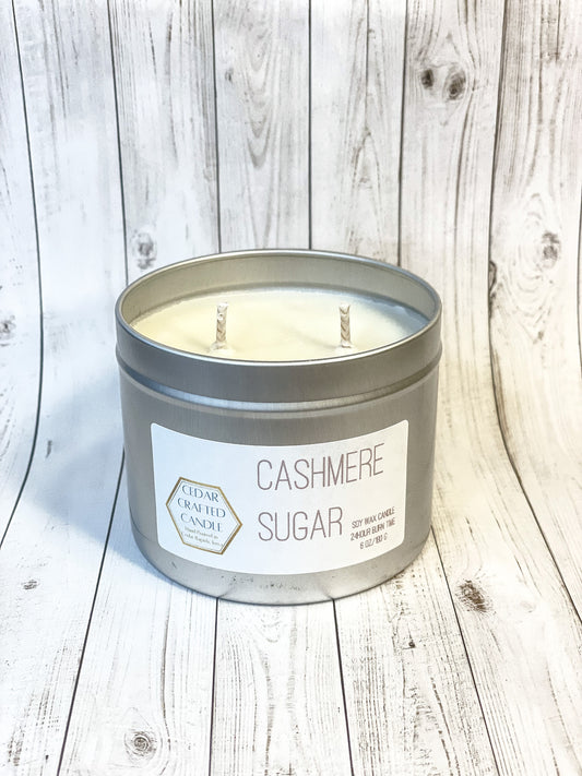 Hand-poured, nontoxic soy candle scented in Cashmere Sugar