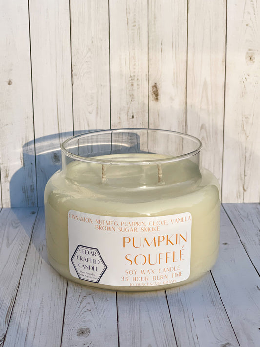 Hand-poured, nontoxic soy candle scented in Pumpkin Souffle