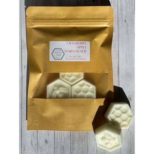 Hand-poured, nontoxic soy wax melts scented in Cranberry Apple Marmalade