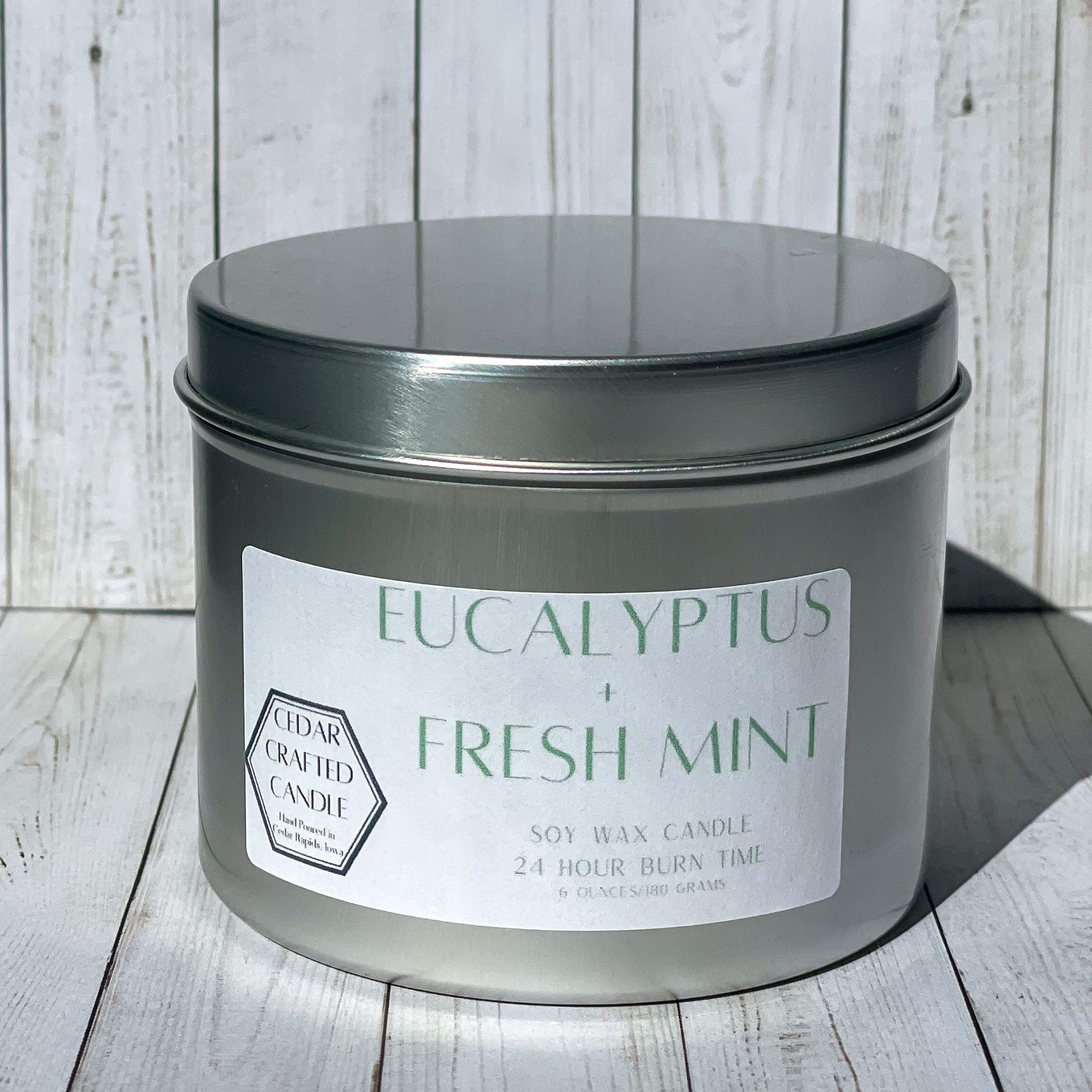 Hand-poured, nontoxic soy candle scented in Eucalyptus Fresh Mint