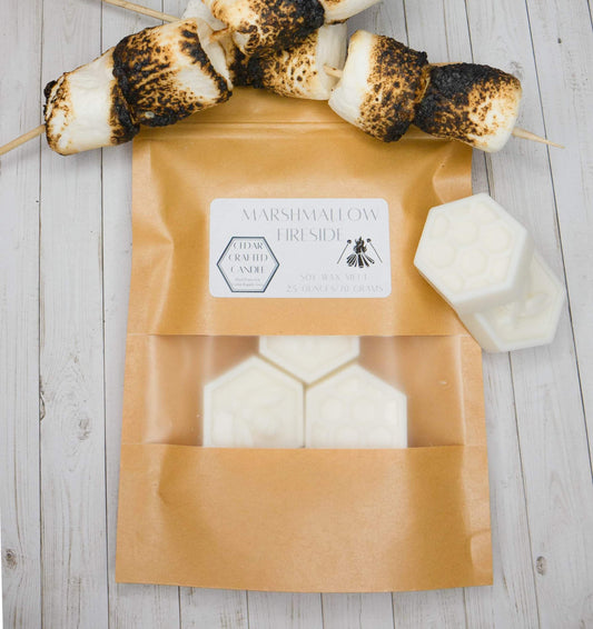 Hand-poured, nontoxic soy wax melts scented in Marshmallow Fireside