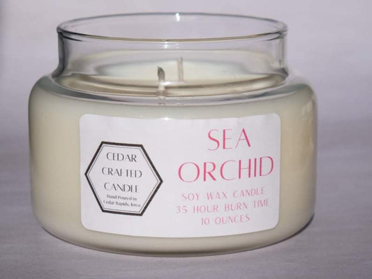 Hand-poured, nontoxic soy candle scented in Sea Orchid